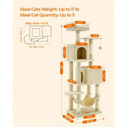 Cat Tree, 61Inch Cat Tower For Indoor Cats, Plush MultiLevel Cat Condo With 5 ching Posts, 2 Perches, 2 Caves, Hammock, 2