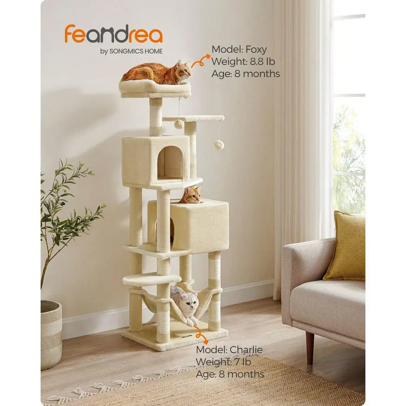 Cat Tree, 61Inch Cat Tower For Indoor Cats, Plush MultiLevel Cat Condo With 5 ching Posts, 2 Perches, 2 Caves, Hammock, 2